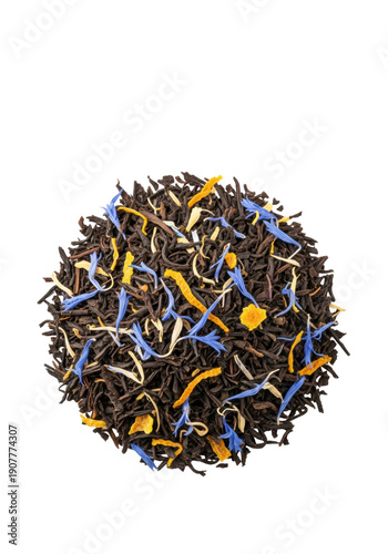 Macro flat lay of high-quality, dried loose-leaf earl grey black tea, mixed with orange bergamot zest and blue cornflower petals on a transparent background. Concept of organic purity