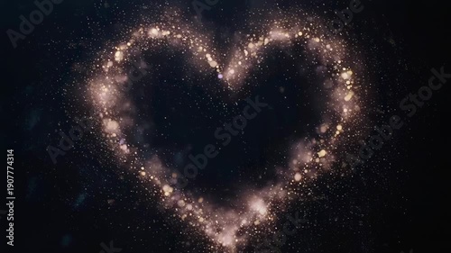 Glowing heart shape of sparkling light and dust particles on a dark background