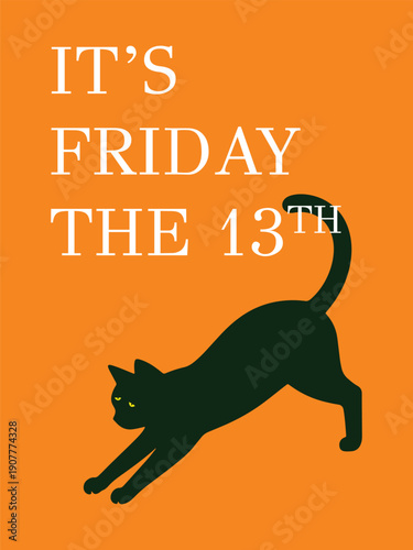 Spooky black cat jumping on orange Friday the 13th background