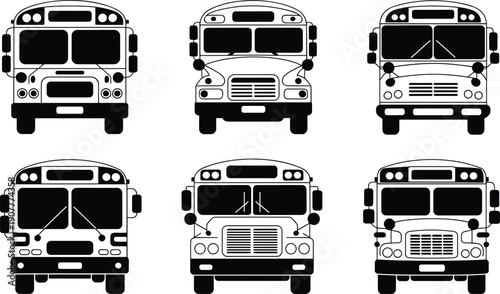 Front view school bus vector set of modern and classic buses in black and white illustration