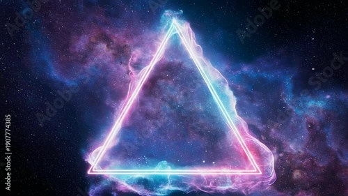Glowing neon triangle shape amidst a swirling, vibrant nebula and starry backdrop