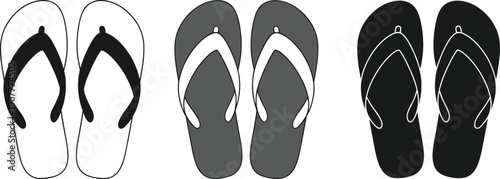 Set of flip flop sandal vector silhouettes featuring top view beach footwear in black white and gray styles isolated on white background.