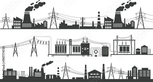 Industrial power plant and electrical transmission skyline with high voltage towers, substations, transformers, factory chimneys, overhead cables, energy infrastructure silhouette illustration vector