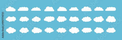Minimal Cloud Icon Set, Flat Weather UI Symbols Collection. Simple Cloud Silhouette Icons Pack for Weather Apps. UI Weather Vector Pack. set of clouds. Blue fluffy cloud silhouette. Minimalist clouds