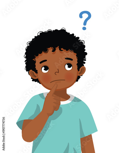 Little African boy thinking confused with question mark
