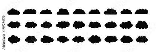 Minimal Cloud Icon Set, Flat Weather UI Symbols Collection. Simple Cloud Silhouette Icons Pack for Weather Apps. UI Weather Vector Pack. set of clouds. Blue fluffy cloud silhouette. Minimalist clouds