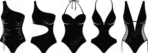 Monochrome vector collection of women's one-piece swimsuits in varied styles, including asymmetrical, cut-out, halter, plunging neckline, lace-up sides, vintage and modern silhouettes
