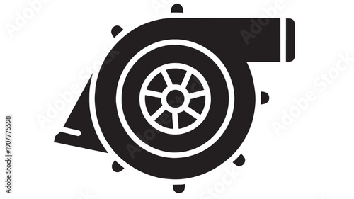 Turbocharger icon silhouette with turbine wheel and compressor housing, black minimal flat automotive boost part symbol for car engine performance, isolated on white