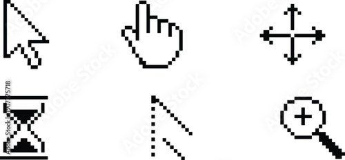 Pixel cursor and user interface icons set with pointer, hand click, move tool, hourglass, resize and zoom symbols