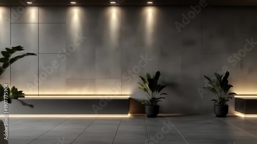 Interior shot with plants in white pots, illuminated walls, and a recessed, lit shelf
