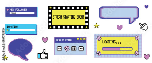 Retro 8-bit pixel art interface set for digital creators and gamers. This collection includes streaming overlays, window frames, loading bars, and notification boxes