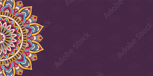 Horizontal color mandala banner. Decorative flower mandala background with place for text. Colorful abstract graphics. Arabic, islamic east style. Vector color illustration.