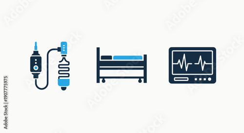Collection of three medical icons: an IV drip bag, a hospital bed, and a vital signs monitor, representing healthcare and patient care.