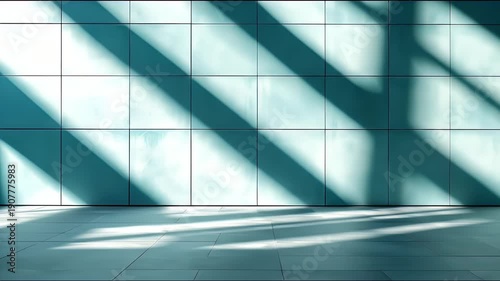 Interior space featuring tiled walls and flooring with shadows. Blue and white tones