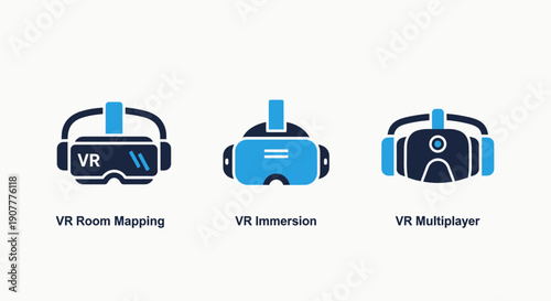 Virtual reality headset icons for VR scene exploration, immersive effects, and navigation, showcasing advanced digital experiences.