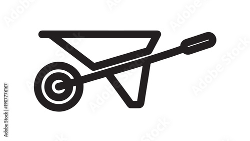 Wheelbarrow garden cart icon in black silhouette, minimalist flat vector pictogram of construction or gardening tool, isolated on white background for UI signage