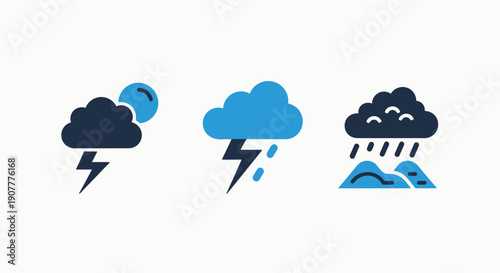 Weather icons: partly cloudy with lightning, thunderstorm with rain, and heavy rain over mountains, depicting weather conditions and climate.