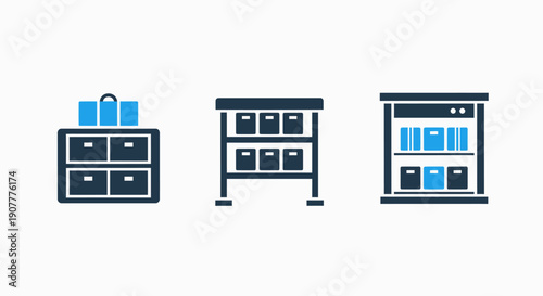 Organized Storage Solutions with Cabinets and Shelves for Documents, Inventory, and Files in Modern Flat Blue Icon Design