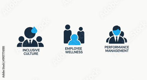 Human Resources Icons for Inclusive Culture, Employee Wellness, and Performance Management in Modern Flat Blue Style
