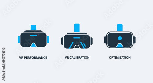 VR optimization icons: VR performance, VR calibration, and optimization for virtual reality technology and user experience.