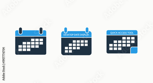 Calendar icons in dark navy and blue, representing desktop date display, quick access tool, and general calendar views for scheduling and organization