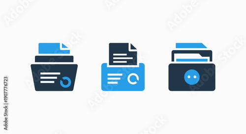 Document and file management icons: document stack with progress ring, printer with document, and folder with files, in dark navy and blue tones