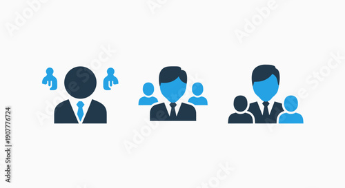 Icons representing team collaboration and leadership dynamics with multiple people figures in dark navy and blue, suggesting different group sizes and roles