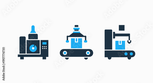 Factory automation icons: industrial machine, conveyor belt with box, and robotic arm, representing manufacturing and production processes in dark navy and blue