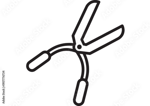 Scissors garden pruning shears icon with open blades and curved handles, minimal black outline line art symbol for cutting tool, isolated on white background