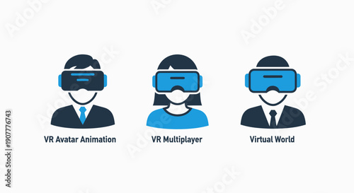 Icons depicting virtual reality users, VR avatars, multiplayer experiences, and virtual worlds for gaming and metaverse.