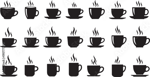 Set of black coffee cups with steam icons isolated