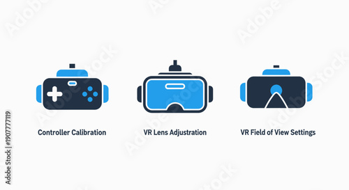Virtual Reality Gaming and Experience Settings, Controller Calibration, Lens Adjustment, and Field of View Configuration, Modern Flat Vector Icon Set
