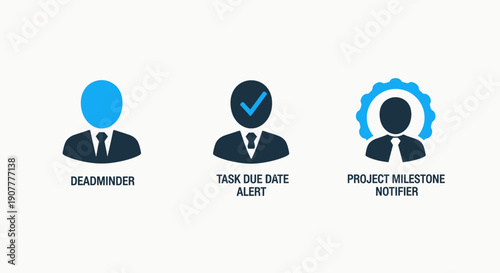 Project Management and Task Tracking Alerts, Employee Performance and Milestone Notification Systems, Modern Flat Vector Icon Set in Blue and Dark Tones