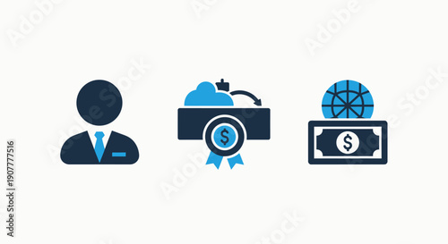 Business Professional, Financial Rewards, and Global Investment Icons for Economic Growth