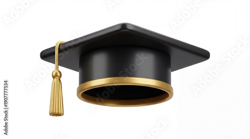 Elegant Graduation Cap with Golden Tassel on White Background.