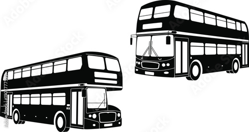 Vector silhouette of double decker city bus in modern perspective, public transport vehicle icon set, monochrome urban travel illustration
