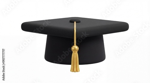 Graduation Cap with Golden Tassel on White Background.