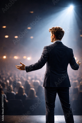 Confident businessman presenting to a large audience under spotlight