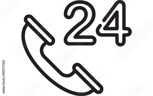 Telephone icon with 24 hour service symbol, customer support, emergency assistance, black outline, simple design, vector graphic, customer service, 24/7 support, line art, call center, hotline, busine