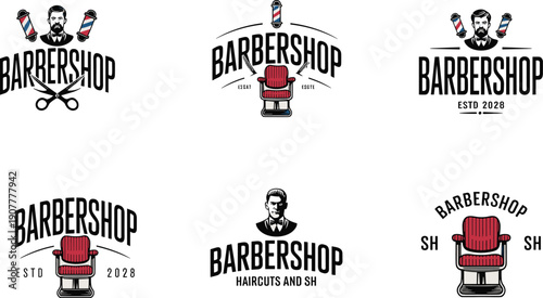 Vintage barbershop logo set with barber chair, scissors, pole and gentleman portrait, retro grooming branding vector badges collection