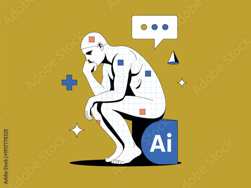 The thinker statue illustration in profile view seated on a blue AI cube representing artificial intelligence technology and human philosophy.