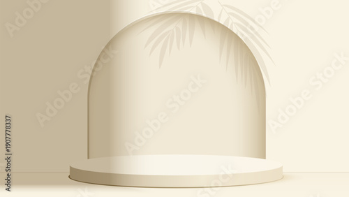 Cream podium against a backdrop of arched gates and palm leaf shadows forms a stage on the studio wall. Minimalist beige podium mockup. Product display stand. Vector illustration of the platform.