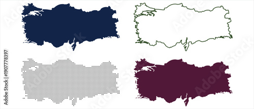 Four Turkey Map Silhouettes with Different Fill Styles and Colors
