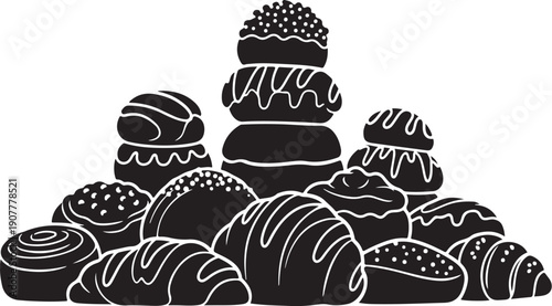 Black and white illustration of assorted sweet baked goods