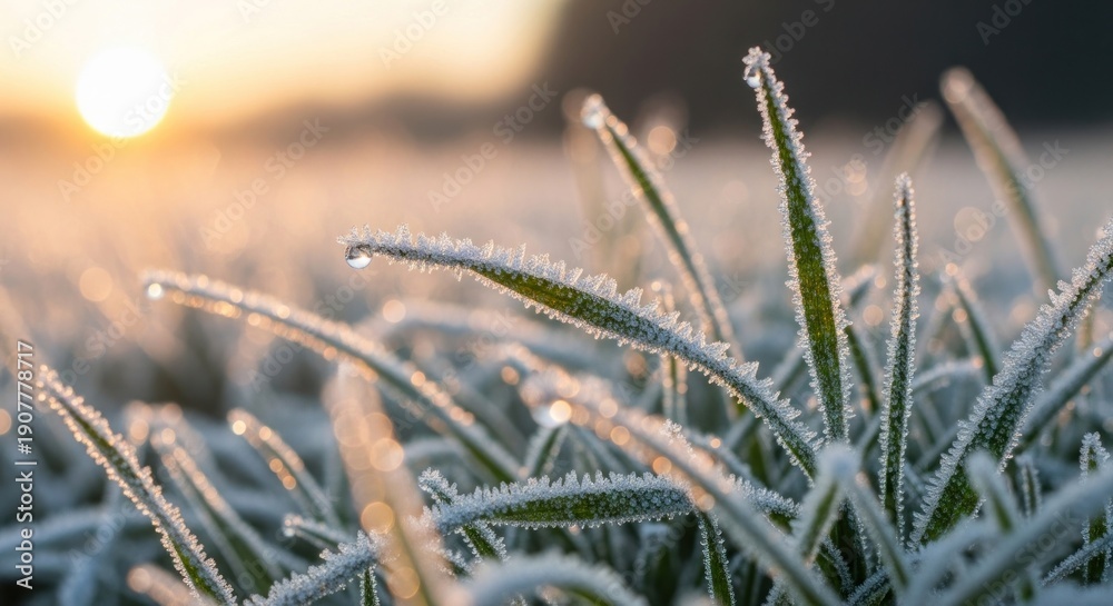 Fototapeta premium Frost covered grass blades glisten in the early morning sunrise.