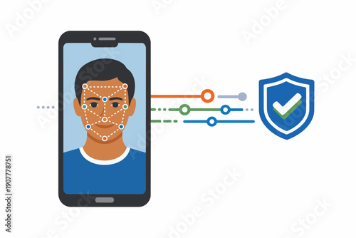 Clean Minimal Flat Vector Illustration of Aadhaar Face Authentication on Mobile Device with Biometric Scan Grid, Secure Identity Verification Icons, and Government Digital Privacy Interface for Fintec