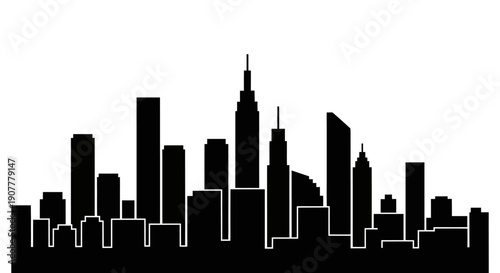 Distinct city skyline silhouette with prominent modern buildings, isolated white background.