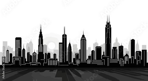 Silhouette of a modern city skyline with tall buildings and skyscrapers, representing urban life and business, in a bright studio style background.
