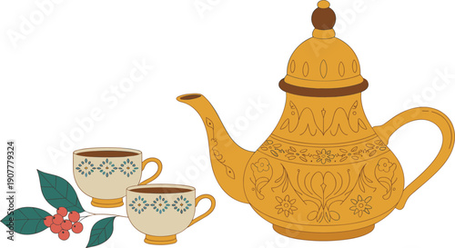 Traditional ornate golden teapot with matching ceramic tea cups and red berries representing cultural hospitality and hot beverage service.