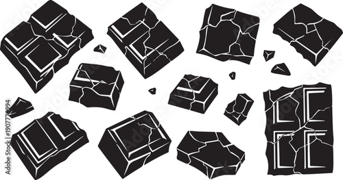 Cracked and broken black stone blocks on white background